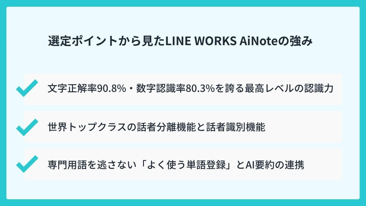 選定ポイントから見たLINE WORKS AiNoteの強み