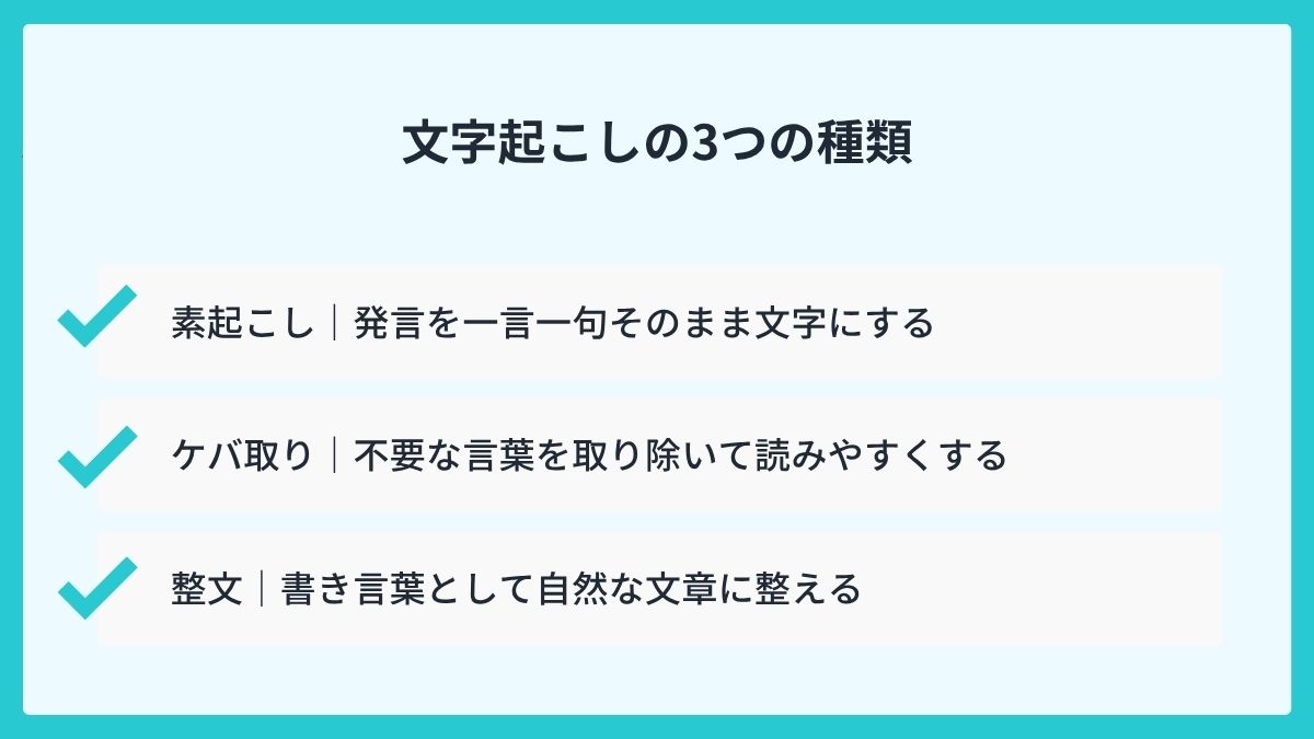 文字起こしの種類は3つ！素起こし・ケバ取り・整文の違い