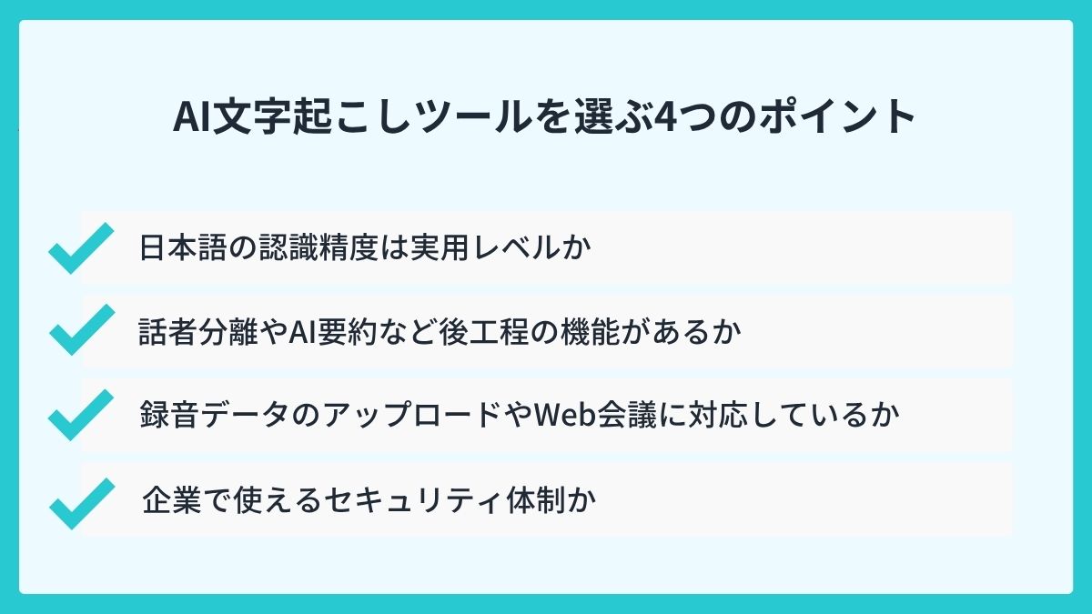 AI文字起こしツールを選ぶ4つのポイント