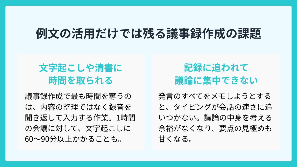 例文の活用だけでは残る議事録作成の課題
